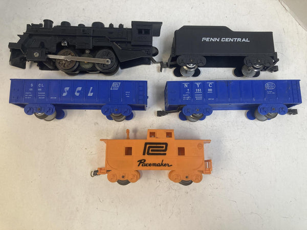 Marx O Gauge Plastic Steam Loco & Penn Central Tender Set w/ Gondolas & Pacemaker Caboose - Plastic Couplers