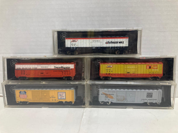 MRC N Gauge 5 Box Car Set: Johnson Wax (7025), Dresser (7026), UP (7030), Abbott (7024), WP (7031)