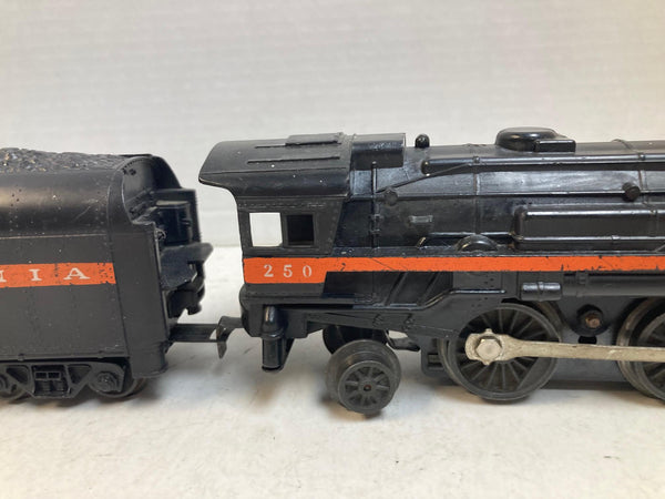 Lionel 250 2-4-2 Steam Locomotive with Matching Pennsylvania Tender (Orange Stripe) – Early Postwar (1945–1946)