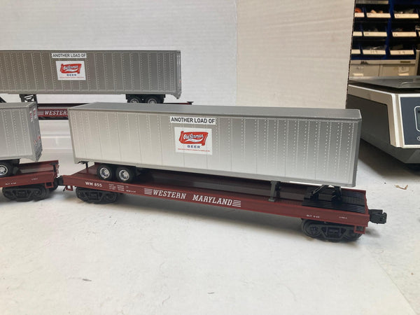 MTH Premier Western Maryland Flatcars w/ Old German Beer Trailers (3) O Scale