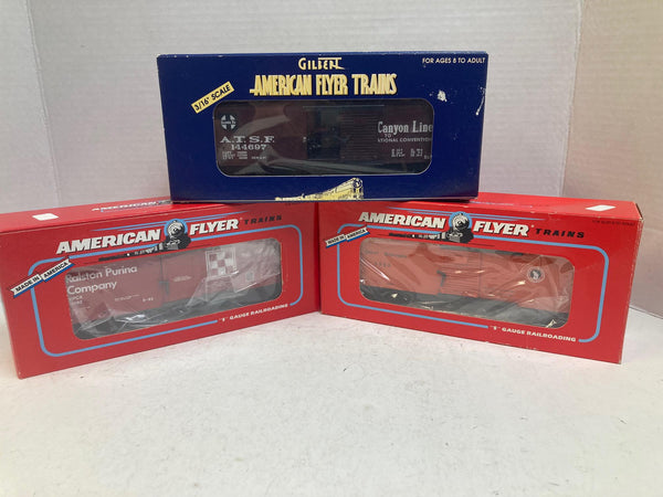 American Flyer TCA 3-Car Boxcar Set – 1992 RPC Purina #6-48477, 1993 GN #6-48482, 1997 ATSF #6-48200 – S Gauge - NOS