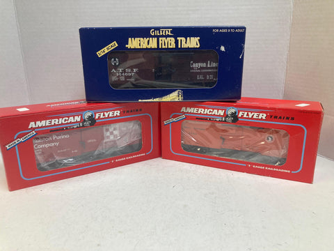 American Flyer TCA 3-Car Boxcar Set – 1992 RPC Purina #6-48477, 1993 GN #6-48482, 1997 ATSF #6-48200 – S Gauge - NOS