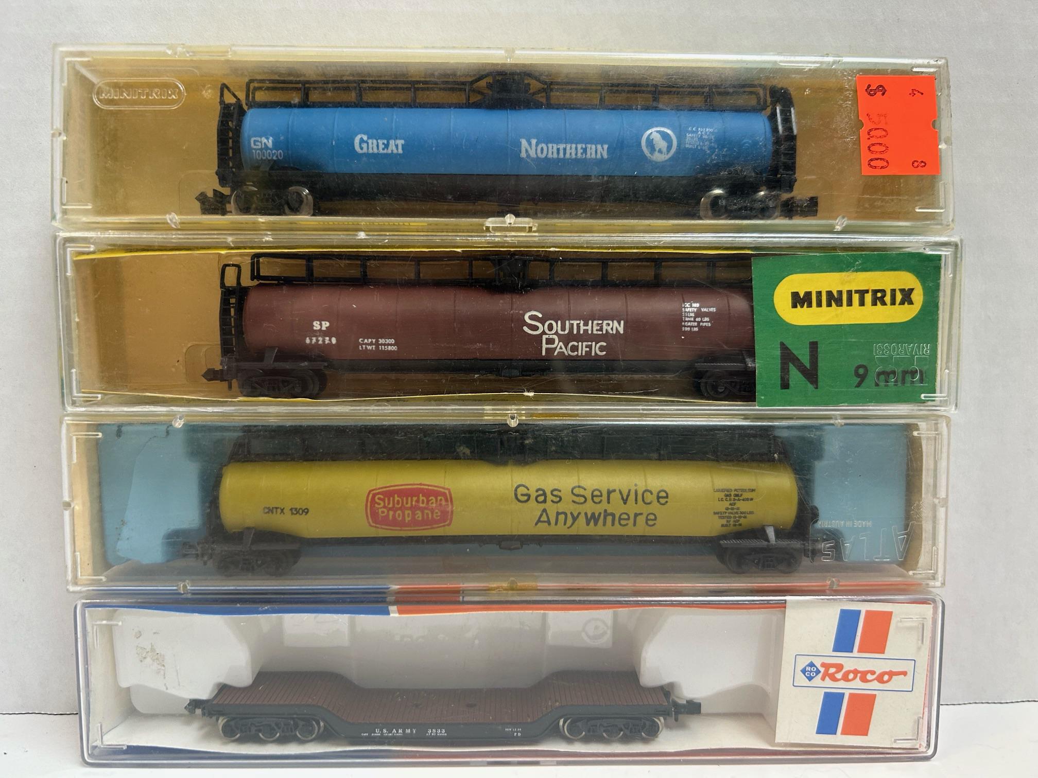 Jumbo Tanks & Depressed Center Car N Pack (Atlas Surb. Prop Jumbo Tank Car (2347), Minitrix Jumbo Tank Gt. N (3143), M Jumbo Tank S.P. (3142), Roco US Army Depressed Center (28154)