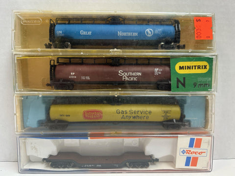 Jumbo Tanks & Depressed Center Car N Pack (Atlas Surb. Prop Jumbo Tank Car (2347), Minitrix Jumbo Tank Gt. N (3143), M Jumbo Tank S.P. (3142), Roco US Army Depressed Center (28154)