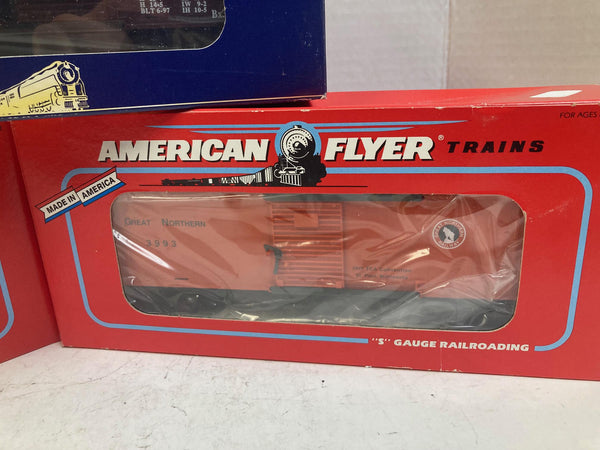 American Flyer TCA 3-Car Boxcar Set – 1992 RPC Purina #6-48477, 1993 GN #6-48482, 1997 ATSF #6-48200 – S Gauge - NOS