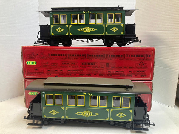 LGB 2-Car Passenger Set 3060 – Custom W.C.R.R. “Kathryn” & “April” Lettered Cars – G Scale – Excellent