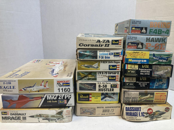 Vintage Airplane Model Kit Lot of 17 (Revell, Monogram, Heller, Matchbox, Airfix, Minicraft) - 1/72 & 1/48 Scales