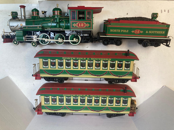 Bachmann G Gauge North Pole & Southern #12 Steam Locomotive & 2 Passenger Cars – Sounds, Smokes, and Lights