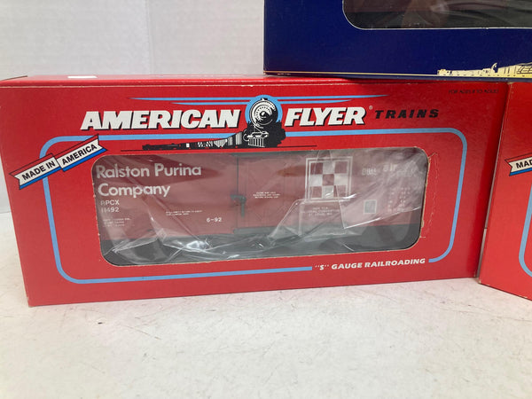American Flyer TCA 3-Car Boxcar Set – 1992 RPC Purina #6-48477, 1993 GN #6-48482, 1997 ATSF #6-48200 – S Gauge - NOS