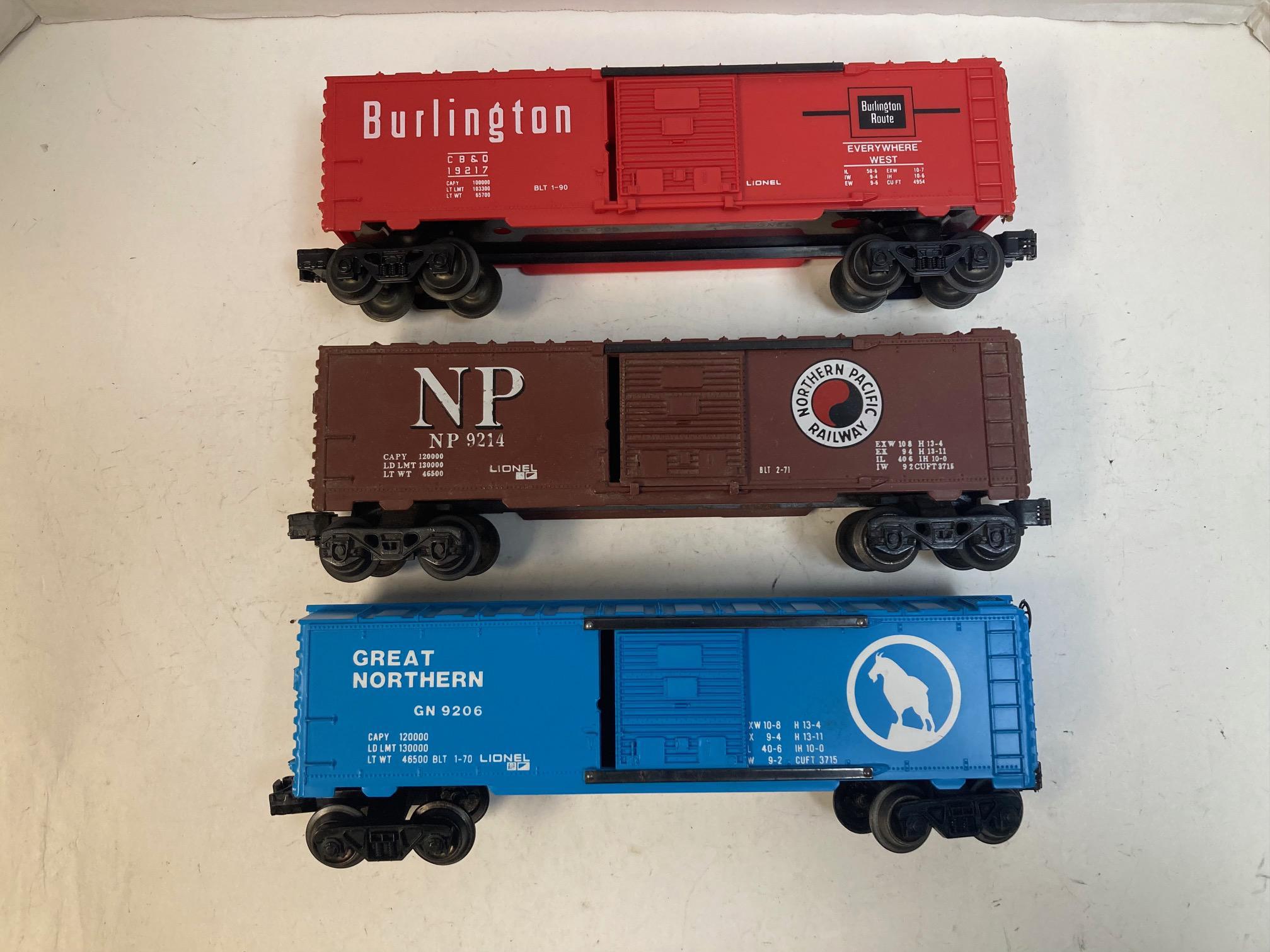 Lionel "The Hill Lines" Box Car Set of 3 (Great Northern, Northern Pacific, Burlington) - O Scale - Good