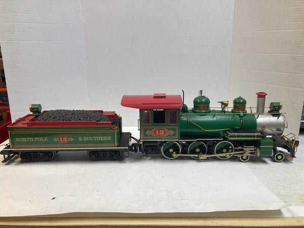 Bachmann G Gauge North Pole & Southern #12 Steam Locomotive & 2 Passenger Cars – Sounds, Smokes, and Lights