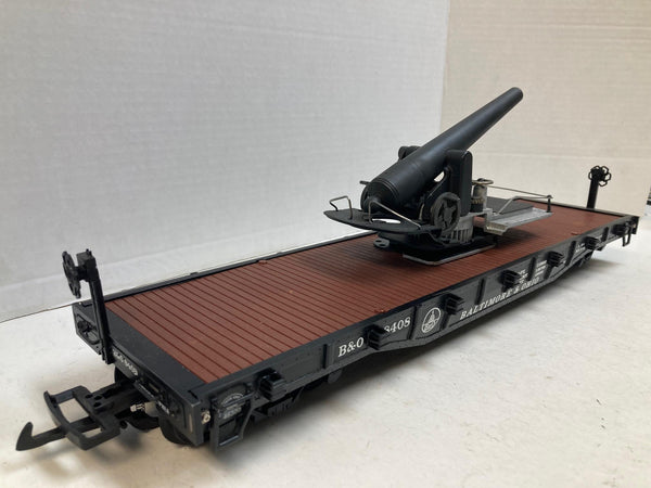 G Scale Flatcar “Baltimore & Ohio #8408” w/ Custom Metal Cannon Load – Functional Gears & Cranks