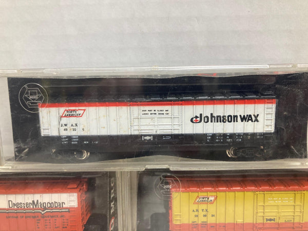 MRC N Gauge 5 Box Car Set: Johnson Wax (7025), Dresser (7026), UP (7030), Abbott (7024), WP (7031)