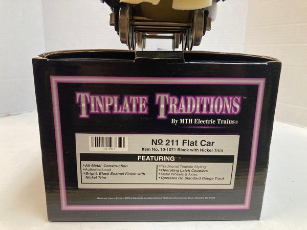 MTH Tinplate Traditions No. 211 Flat Car 10-1071 – Black w/ Nickel Trim & Authentic Wood Load – NOS