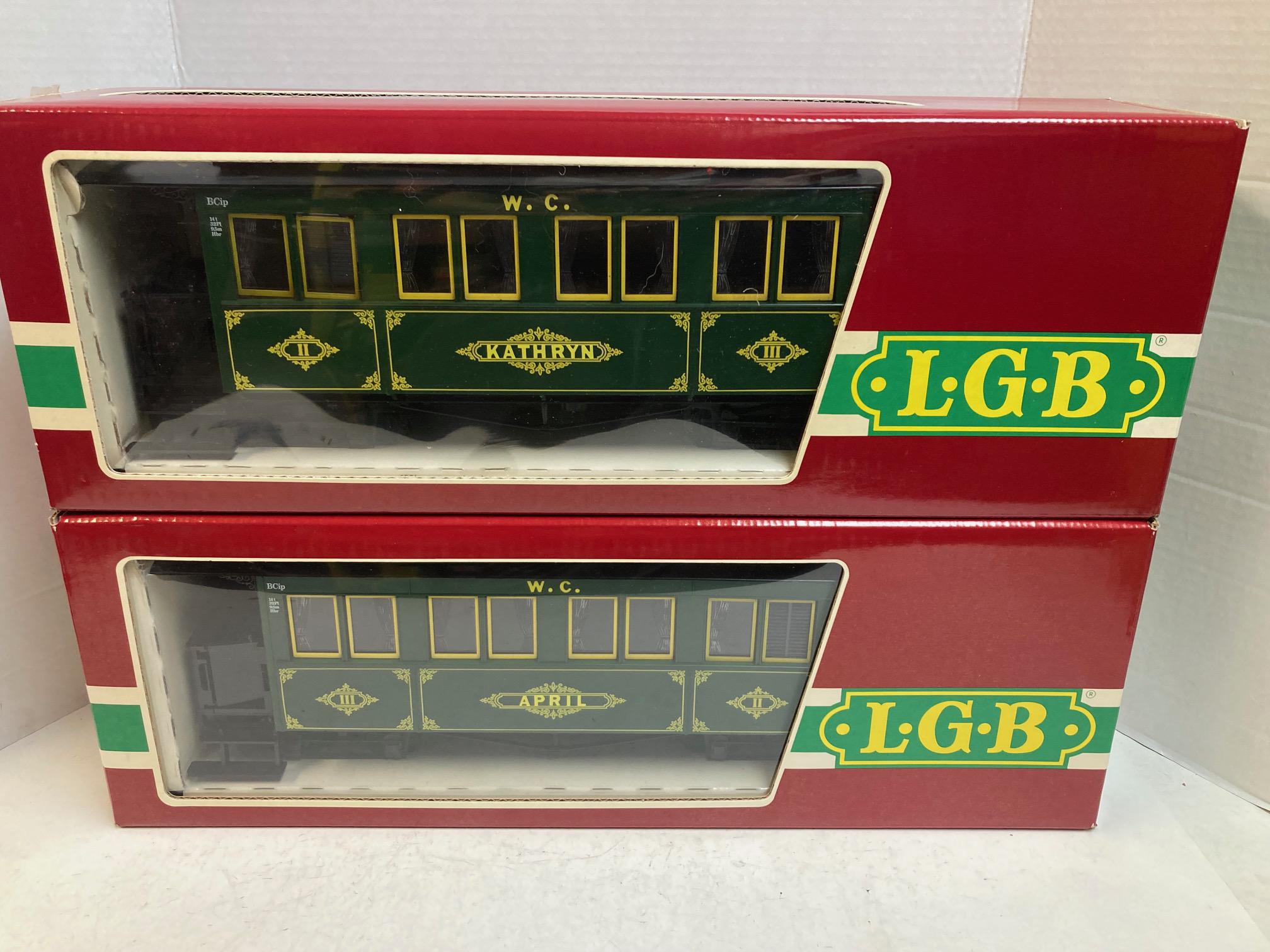 LGB 2-Car Passenger Set 3060 – Custom W.C.R.R. “Kathryn” & “April” Lettered Cars – G Scale – Excellent