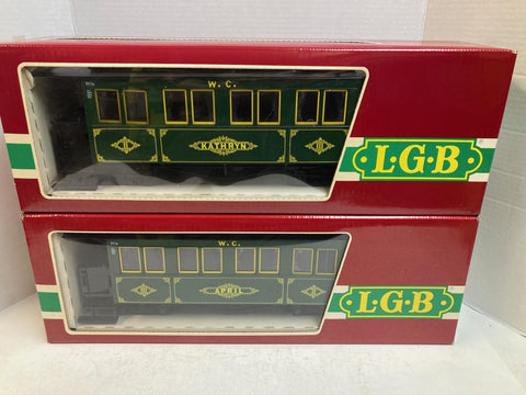 LGB 2-Car Passenger Set 3060 – Custom W.C.R.R. “Kathryn” & “April” Lettered Cars – G Scale – Excellent