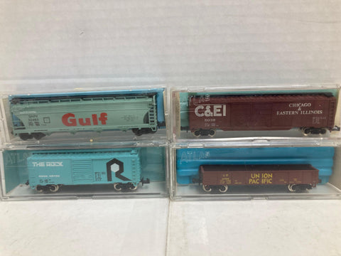 Atlas N Scale 4 Freight Car Set V2: Gulf Hopper, UP Gondola, 2 Box Cars (2323,2402,2336,3416)