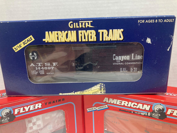 American Flyer TCA 3-Car Boxcar Set – 1992 RPC Purina #6-48477, 1993 GN #6-48482, 1997 ATSF #6-48200 – S Gauge - NOS