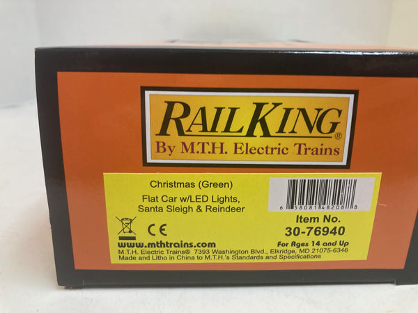 MTH Christmas Green Flat Car w/ LED Lights – Santa Sleigh & Reindeer 30-76940 – O Gauge Holiday Train
