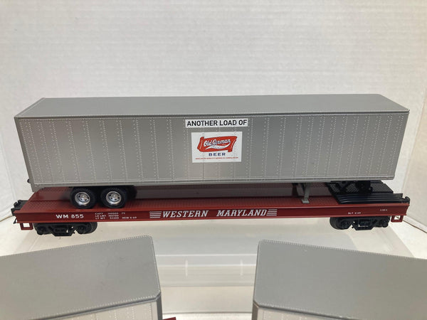 MTH Premier Western Maryland Flatcars w/ Old German Beer Trailers (3) O Scale