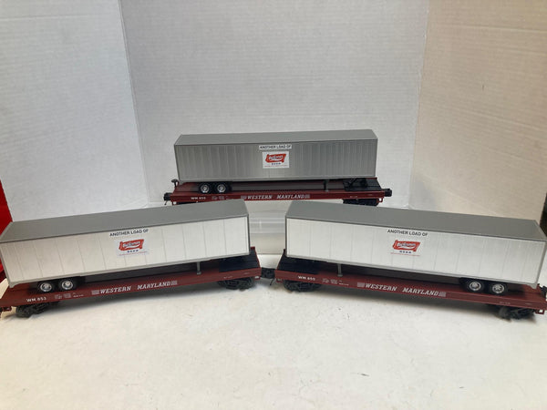 MTH Premier Western Maryland Flatcars w/ Old German Beer Trailers (3) O Scale