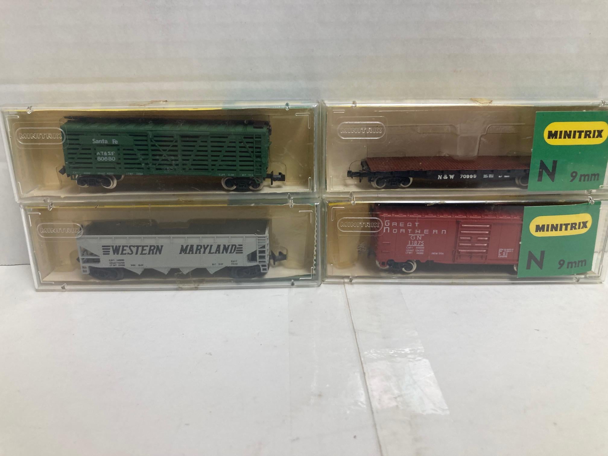 Minitrix N Scale 4 Pack V1: N.W. Flat Car, Cattle S.F., Hopper W. Maryl., Box Car Gt.N (3245, 3216, 3277, 3201)