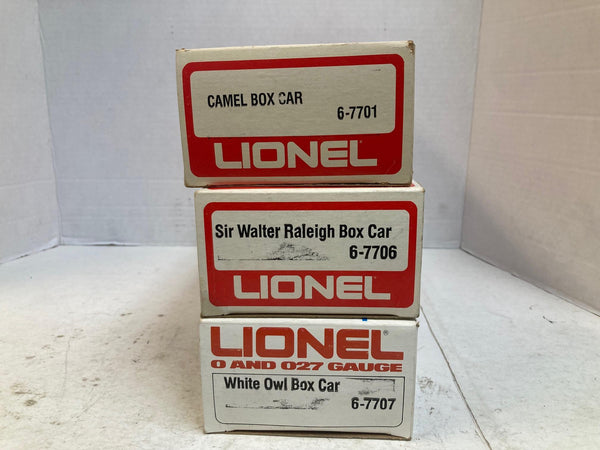 Lionel Tobacco Series Boxcar Lot of 3 - Camel, Raleigh, White Owl - #7701 #7706 #7707