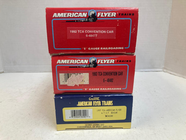 American Flyer TCA 3-Car Boxcar Set – 1992 RPC Purina #6-48477, 1993 GN #6-48482, 1997 ATSF #6-48200 – S Gauge - NOS