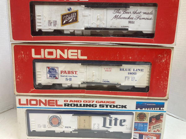 Lionel Beer Reefer Lot (3 Cars) - Schlitz, PBR, Miller Lite - 6-9851, 6-9859, 6-9874 - O Gauge