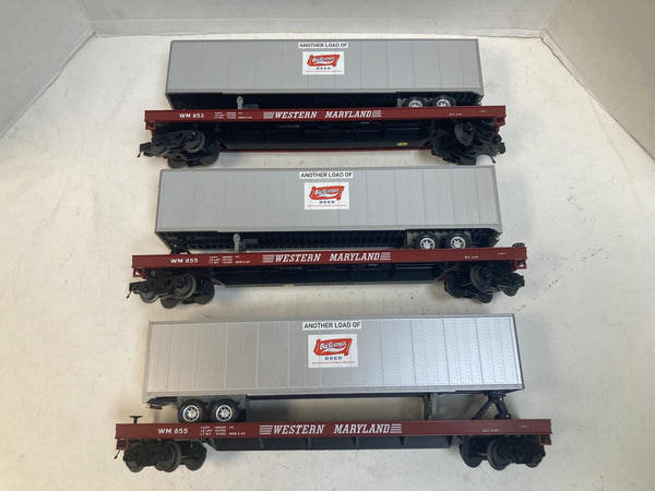 MTH Premier Western Maryland Flatcars w/ Old German Beer Trailers (3) O Scale