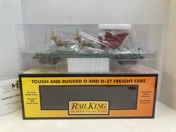 MTH Christmas Green Flat Car w/ LED Lights – Santa Sleigh & Reindeer 30-76940 – O Gauge Holiday Train