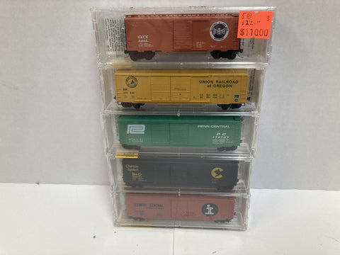 Micro-Trains Box Car 5 pack N Scale (Bessemer& Lake Erie, Union R.R of Oregan, Penn Central, Baltimore & Ohio, Illinois Central)