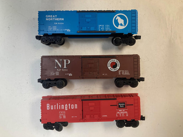 Lionel "The Hill Lines" Box Car Set of 3 (Great Northern, Northern Pacific, Burlington) - O Scale - Good