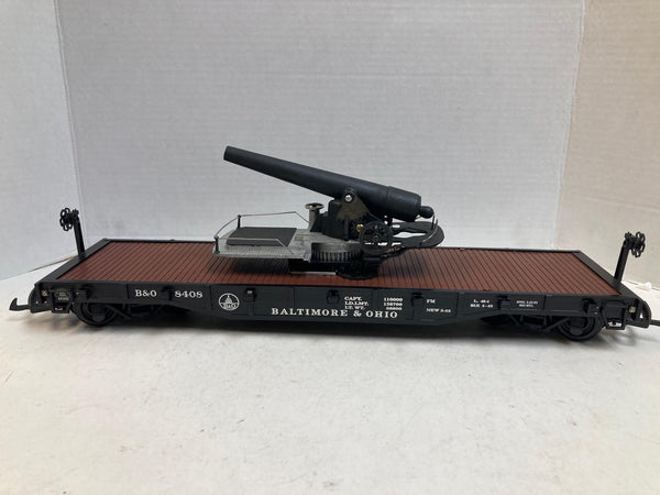 G Scale Flatcar “Baltimore & Ohio #8408” w/ Custom Metal Cannon Load – Functional Gears & Cranks