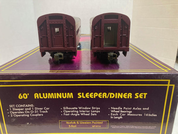 MTH Premier 20-6114 Norfolk & Western 2-Car 60’ Aluminum Sleeper/Diner - O Scale