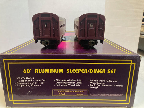 MTH Premier 20-6114 Norfolk & Western 2-Car 60’ Aluminum Sleeper/Diner - O Scale