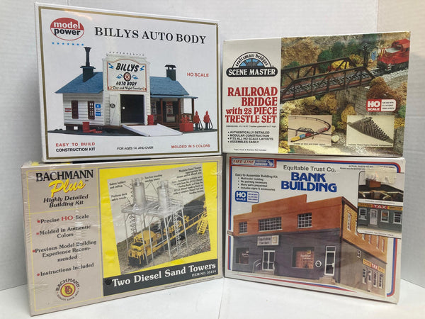 HO Kits Lot of 4 *BRAND NEW SEALED*: Diesel Sand Towers/Auto Shop/Bank Building/Bridge: Bachmann/Model Power/Life Lik