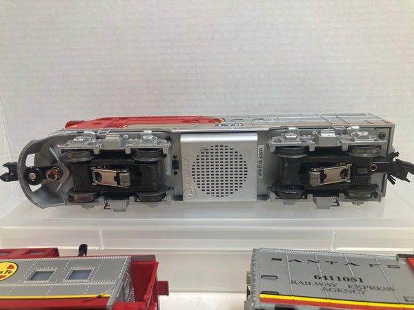 O Gauge Santa Fe Lot – Lionel 170 Loco, MTH Caboose 1604, K-Line Boxcar 6411051 – Red/Yellow/Grey
