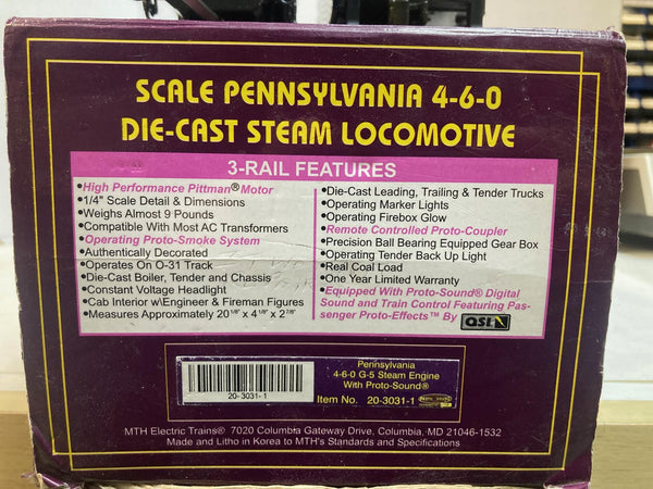 MTH Premier 20-3031-1 Pennsylvania 4-6-0 G-5 Steam Engine - BCR UPGRADED