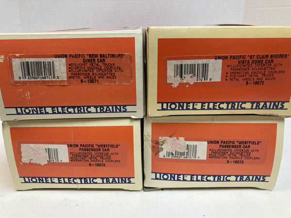 Lionel Union Pacific Passenger Car Lot (4) – 6-16071 New, 6-16072, (2x) 6-16073 – O Gauge