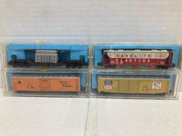 Atlas N Scale 4 Freight Car Set V1: N&W Flat Car, UC Hopper, PFE Reefer, UP Box Car (2342,2312,2304,2333)