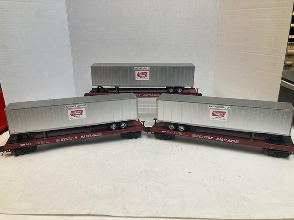 MTH Premier Western Maryland Flatcars w/ Old German Beer Trailers (3) O Scale
