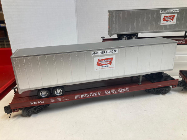 MTH Premier Western Maryland Flatcars w/ Old German Beer Trailers (3) O Scale