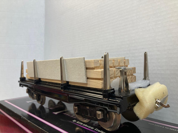 MTH Tinplate Traditions No. 211 Flat Car 10-1071 – Black w/ Nickel Trim & Authentic Wood Load – NOS