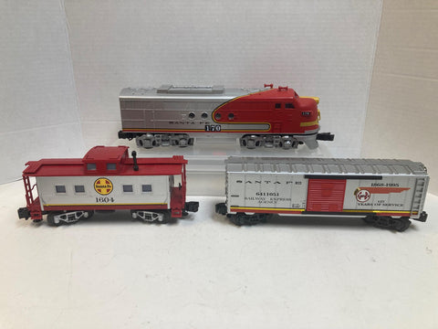 O Gauge Santa Fe Lot – Lionel 170 Loco, MTH Caboose 1604, K-Line Boxcar 6411051 – Red/Yellow/Grey