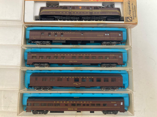 Arnold GG1 Pensylvania Tuscan N Scale w/ 4 Atlas 85' Passenger Cars: Baggage, Observation, Diner, Roomette (0275M, 2623,2651,2652,2654))