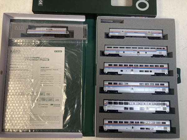 Kato N Scale Amtrak Passenger Train Set – F40PH #350 Locomotive & Superliner I Phase III 6-Car Set
