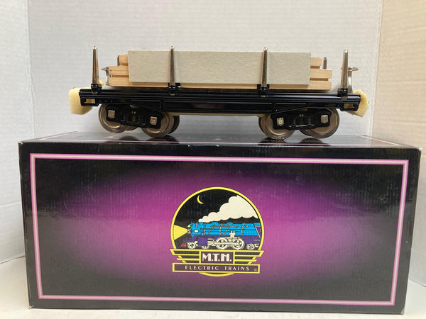 MTH Tinplate Traditions No. 211 Flat Car 10-1071 – Black w/ Nickel Trim & Authentic Wood Load – NOS