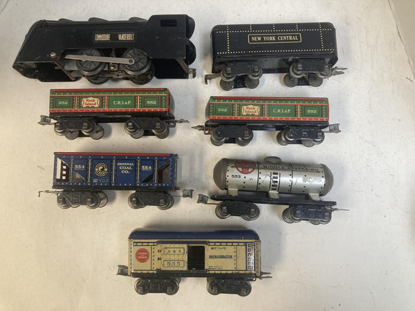 Marx Prewar O Gauge Commodore Vanderbilt Steam Loco Set - NYC Tender & 5 Tin Cars (Tab Couplers)