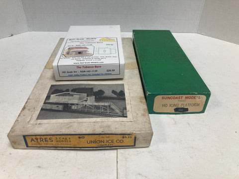 Wood HO Kits Lot of 3 - Rail Scale Model/Suncoast/AYRES, Tobacco Barn/Icing Platform/Union Ice Co., #1135/#3020/#566